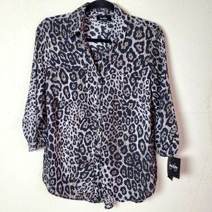 Leopard Print Blouse Size Med Roll Tab Sleeve Button Down